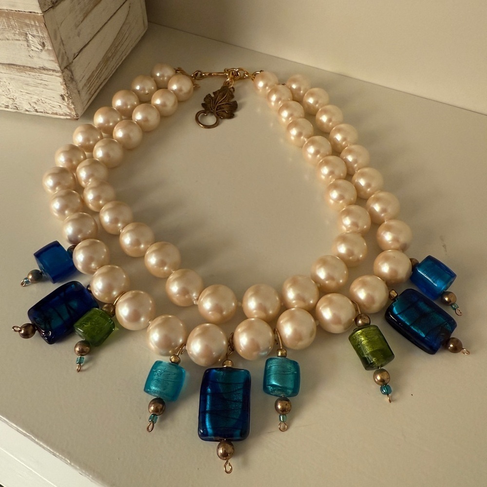 Monet Faux Pearl Double Strand Necklace w/Glass Beads of Green & Blue